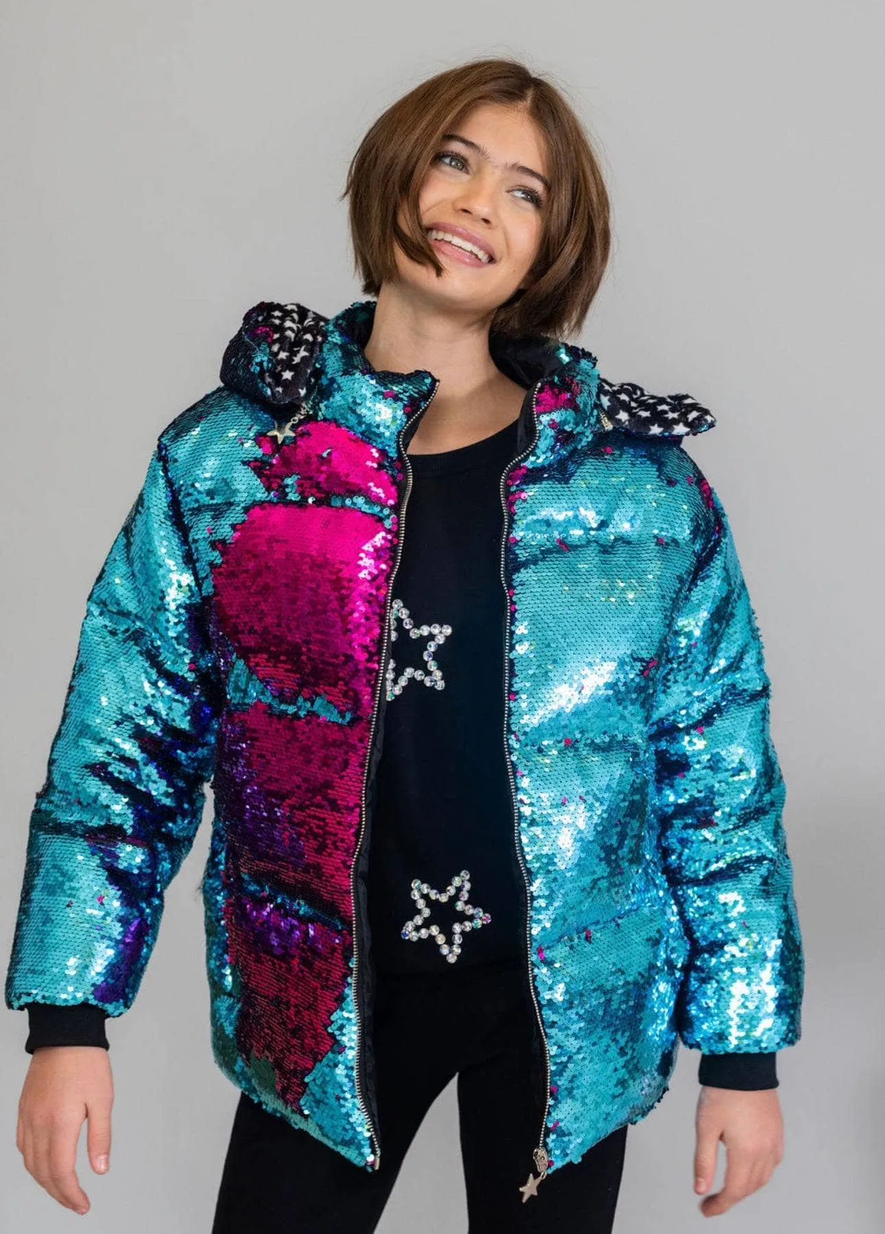 Womens Magic Sequin Flip Puffer Coat