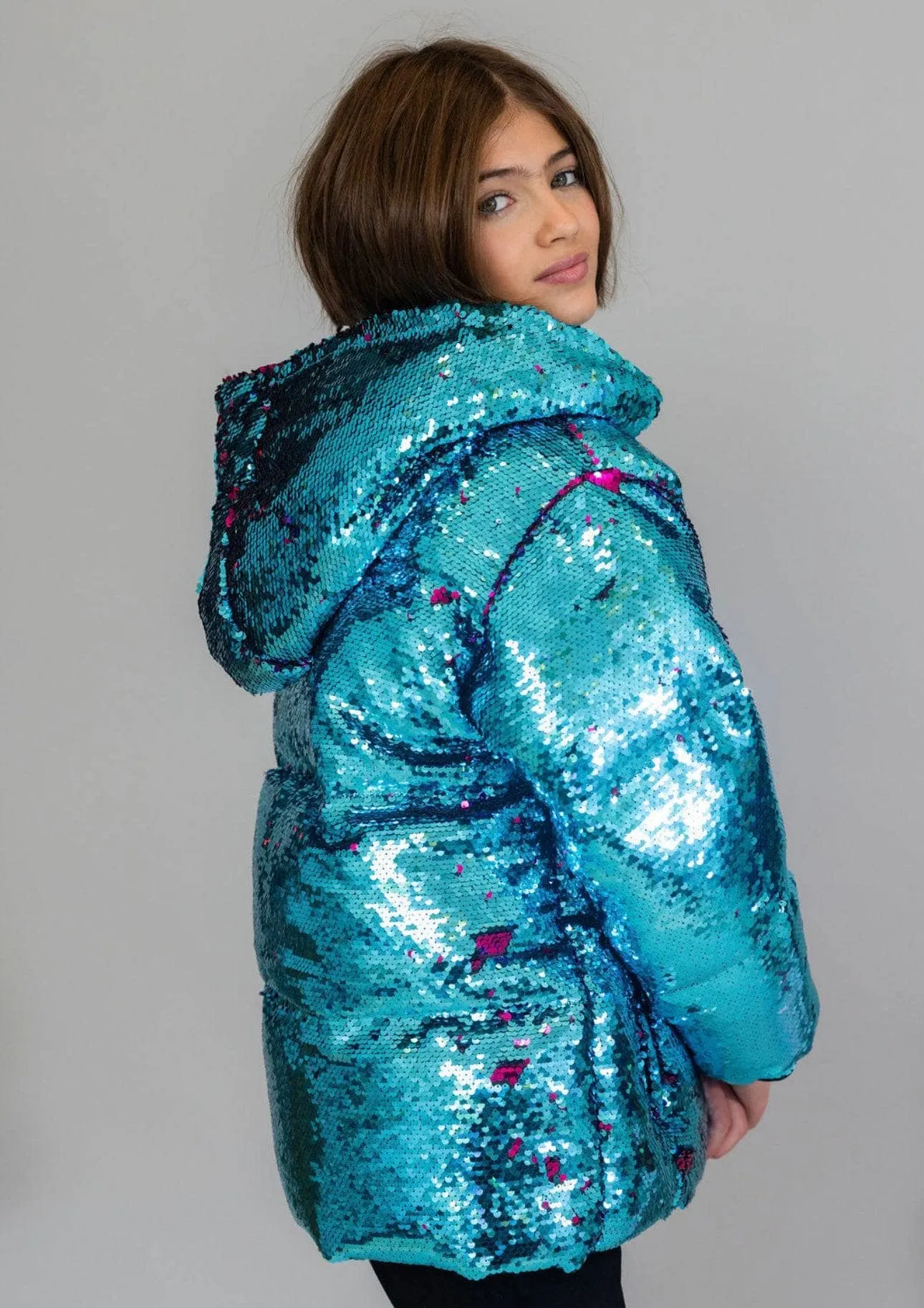 Womens Magic Sequin Flip Puffer Coat