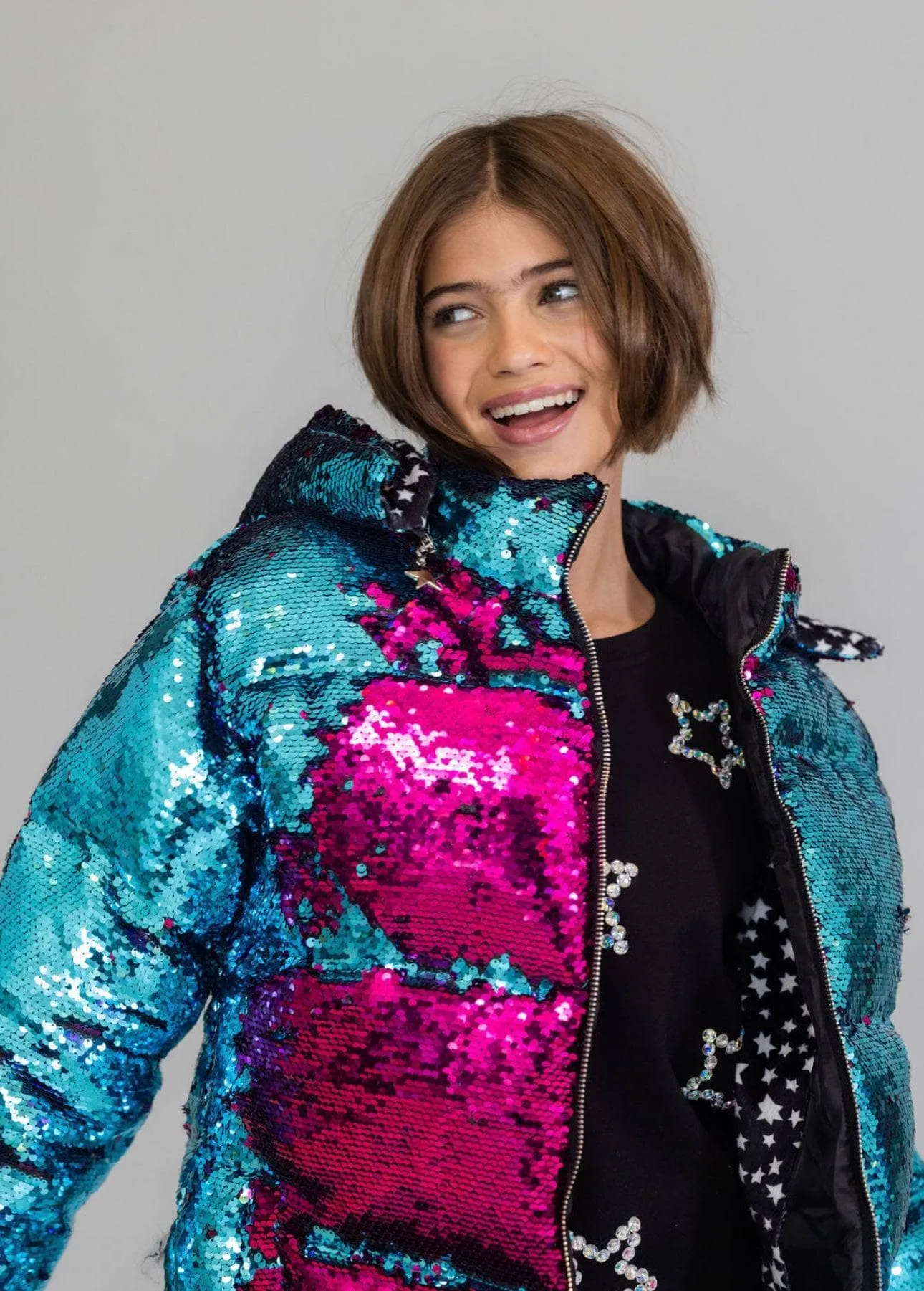 Womens Magic Sequin Flip Puffer Coat