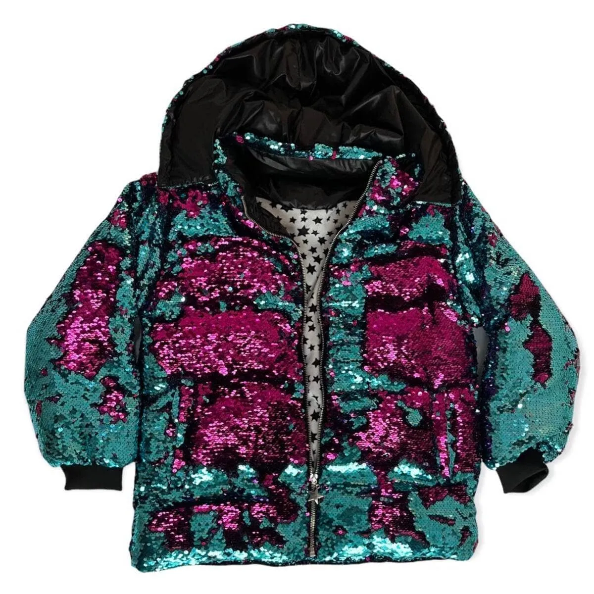 Womens Magic Sequin Flip Puffer Coat