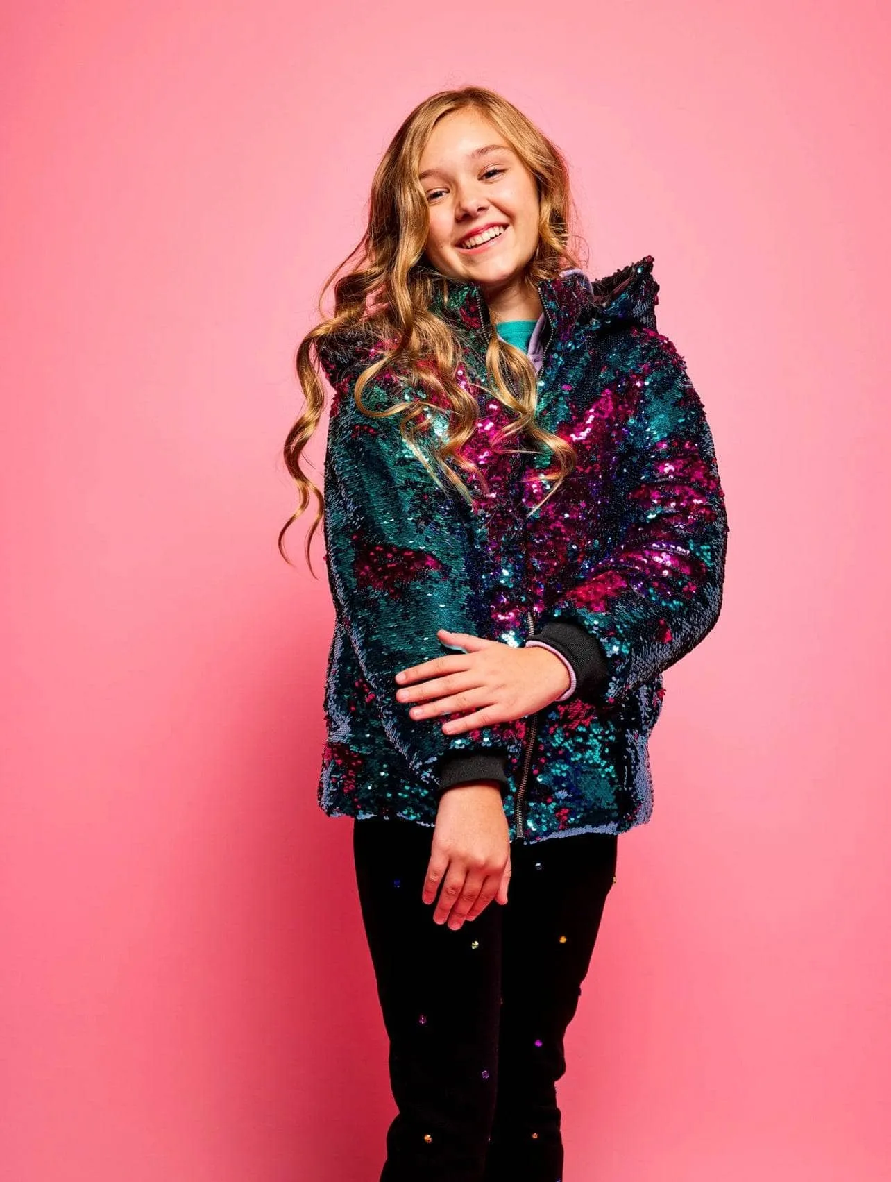 Womens Magic Sequin Flip Puffer Coat